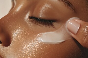 face and hand applying cream on cheek, highlighting the facial skin tone, skin care, the use of cosm