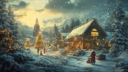 Wall Mural - Snowy Christmas Village with a Warm Glow