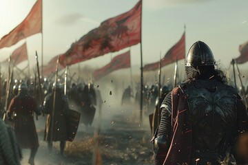 Warriors clad in armor gather and prepare for an epic clash as flags flutter in the misty dawn light