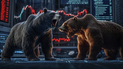 two bears and a bull are fighting in front of a stock market graph.