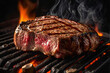 © Sync - Stake grill on flame, realistic close up medium rare beef ribeye steak grill on fire flame in concept of very delicious tasty food ingredien with beautiful studio shot with black background