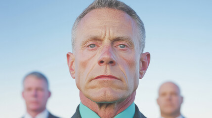 A stern-faced older man in a green shirt stares intently ahead with two other men in suits standing behind him, against a light blue sky background.