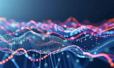 Abstract digital blue wave with particles and lights.