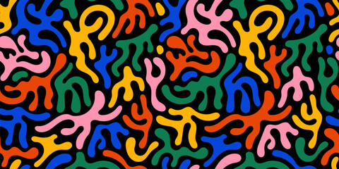 Abstract organic shapes. Seamless pattern with colorful geometric doodles. Abstract Liquid shapes in retro style. Flat cartoon background, simple random shapes in bright childish colors. Vector