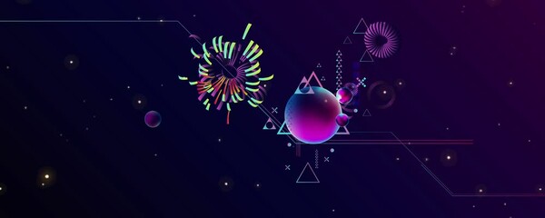 Wall Mural - Dark retro futuristic art neon abstraction background cosmos new art 3d starry sky glowing galaxy and planets blue circles	