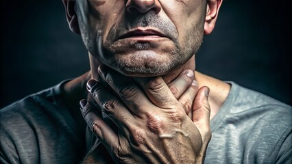 Tense fingers grasp neck, constricted skin visible, as if choking oneself, conveying desperation, anxiety, or emotional distress in a haunting, intimate, and dramatic close-up portrait.