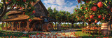 Cozy Cider Mill: An idyllic cider mill surrounded by apple trees, with a large press for making fresh cider and outdoor seating areas.