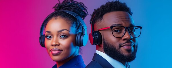 Two stylish individuals in headphones, one with blue background and the other with pink, showcasing modern fashion and audio technology.