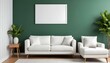 © Danish - Interior mockup In a white room a blue sofa is placed next to a photo frame on the wall