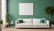 © Danish - Interior mockup In a white room a blue sofa is placed next to a photo frame on the wall
