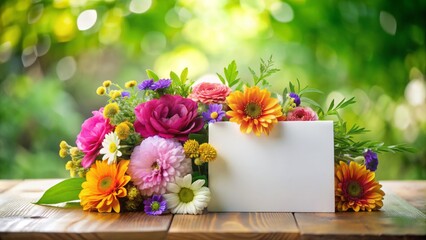 Vibrant colorful flowers and lush greenery surround a blank white greeting card with a softly focused background, perfect for expressing sentimental thoughts and emotions.