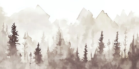 Poster - Serene Watercolor Forest Landscape with Mountains