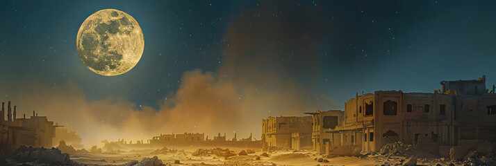 Wall Mural - Cosmic Canvas: The full moon hanging in the sky, its light casting long shadows across a dusty, abandoned cityscape.