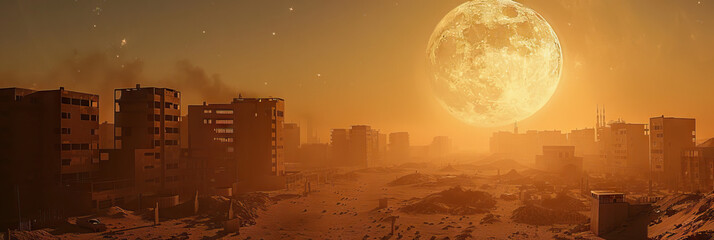 Wall Mural - Cosmic Canvas: The full moon hanging in the sky, its light casting long shadows across a dusty, abandoned cityscape.