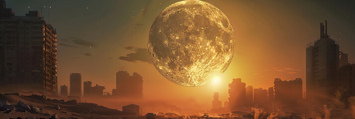 Wall Mural - Cosmic Canvas: The full moon hanging in the sky, its light casting long shadows across a dusty, abandoned cityscape.