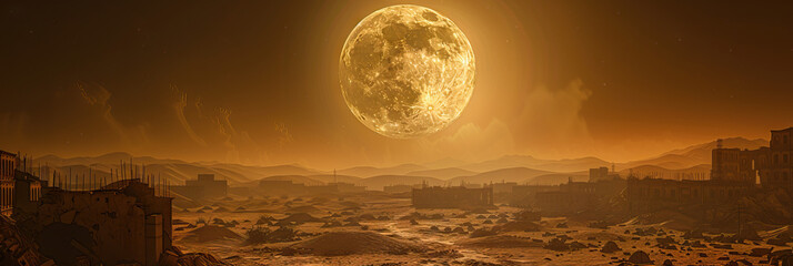 cosmic canvas: the full moon hanging in the sky, its light casting long shadows across a dusty, aban