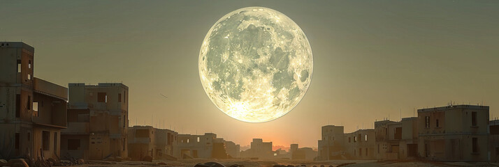 Wall Mural - Cosmic Canvas: The full moon hanging in the sky, its light casting long shadows across a dusty, abandoned cityscape.