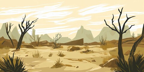 Wall Mural - Desolate Landscape with Desert Vegetation and Mountains