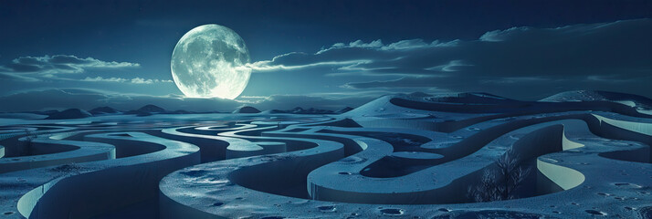 Lunar Labyrinth: An intricate maze of pathways, lit only by the moonlight, leading to an unknown destination.