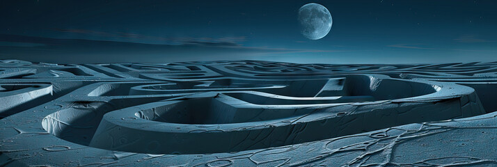 Lunar Labyrinth: An intricate maze of pathways, lit only by the moonlight, leading to an unknown destination.