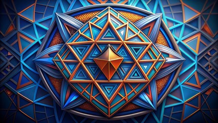 Vibrant geometric shield with intertwined triangles and symmetrical patterns in bold blue and orange hues, conveying protection, strength, and modern abstract design.