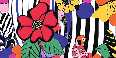 Poster - Vibrant Floral Patterns with Stripes and Shapes