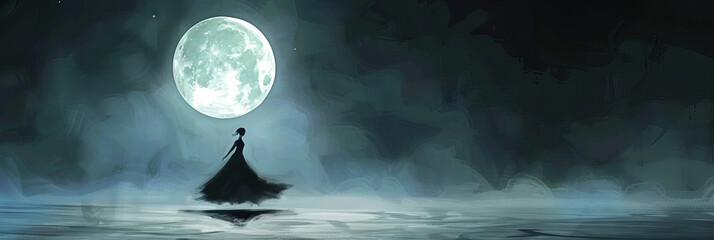 Wall Mural - Silent Moonlit Dance: A lone figure gently twirling under the light of the full moon