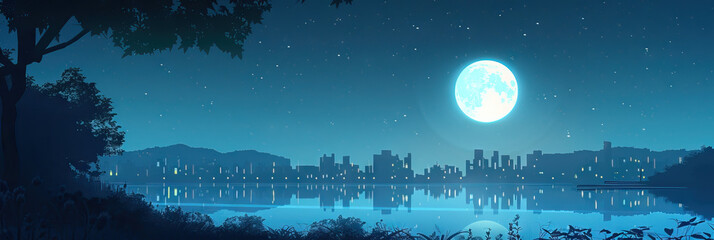 Poster - Serene Nocturnal Scene: A tranquil cityscape at night, illuminated by the light of a full moon.