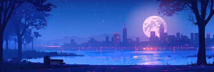 Wall Mural - Serene Nocturnal Scene: A tranquil cityscape at night, illuminated by the light of a full moon.