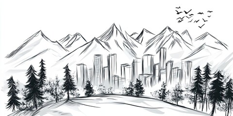 Sticker - Stylized Mountain Landscape with Trees and City Skyline