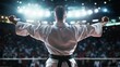 © zhou yan - A Karate Fighter in a White Uniform Celebrates Victory in the Ring with Arms Raised, Facing Away from the Camera, Against a Background of Bright Lights and a Blurred Crowd, Capturing the Excitement an