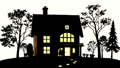 Wall Mural - silhouette family house isolated with white highlights, png