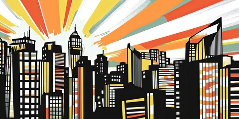 Sticker - Vibrant Cityscape with Abstract Sunburst Background