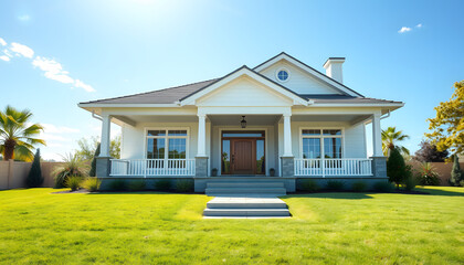 New luxury home exterior with covered porch and green grass on bright sunny day with blue sky isolated with white highlights, png