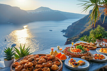 At sunrise, panoramic view from hotel in Santorini reveals breathtaking beauty of sun-kissed caldera, with Aegean Sea glistening in morning light, as guests enjoy a sumptuous breakfast spread of fres