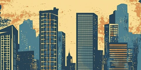 Wall Mural - Stylized City Skyline with Retro Color Palette