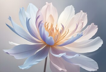 Abstract image of a flower in soft pastel colors, flowing, translucent petals with a blend of light pink, blue, and lavender hues, white background, centered composition