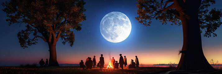 Wall Mural - Moonlit Majesty: A group of people gathered around a campfire, silhouetted by the bright moon.