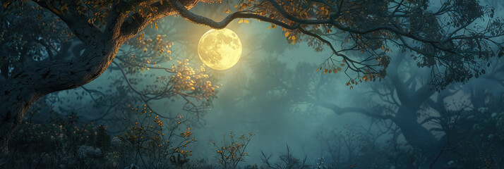 Wall Mural - Ethereal Glow: The full moon shining through the branches of a tree, casting an otherworldly light on the forest floor.