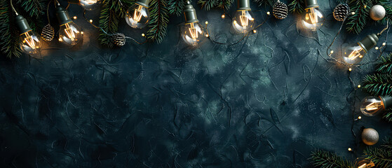 Сhristmas and New Year layout. Fir branches, glowing lamp bulb, golden decoration, lights, garland on blue textured, grunge background. Flat lay. Winter holidays celebration. Copy space. Generative ai