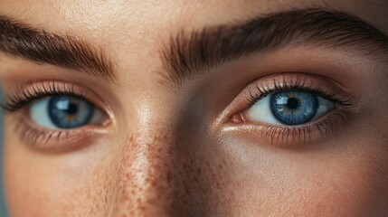 Wall Mural - The striking blue eyes and naturally shaped eyebrows of a woman are showcased in a closeup with soft lighting that enhances her features and creates a serene mood