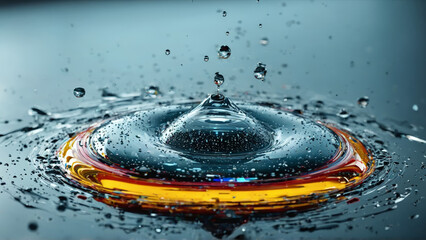 Dynamic water drops cascading over a futuristic gadget in a clean modern office Abstract background