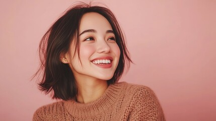 Wall Mural - A young woman with a warm tan complexion radiates confidence while wearing a cozy sweater. Her cheerful smile stands out beautifully against the soft pink backdrop