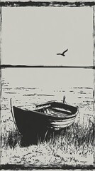 Poster - Serene Boat by the Shore Under a Calm Sky