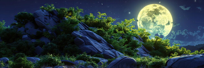 Wall Mural - Lunar Symphony: A rocky hillside covered in lush greenery, illuminated by the full moon, creating a surreal, almost musical scene.