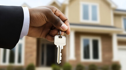 A real estate agent manager holds the key for the new homeowner in a transaction involving leasing, renting, or selling a house. This process may include renting a property, making sales, handling loa