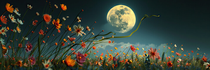 Wall Mural - Moonlit Whimsy: A field of flowers swaying gently in the night breeze, their petals catching the light of the full moon.