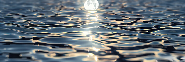 Poster - Silvery Shimmer: A close-up of a rippling river surface, reflecting the full moon's radiance.