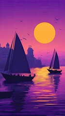 Wall Mural - Sailing at Sunset with Vibrant Purple Sky