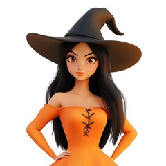 A vibrant princess witch with long dark hair and a striking black hat, dressed in an orange gown, stands confidently, embodying the spirit of Halloween, ready for festivities